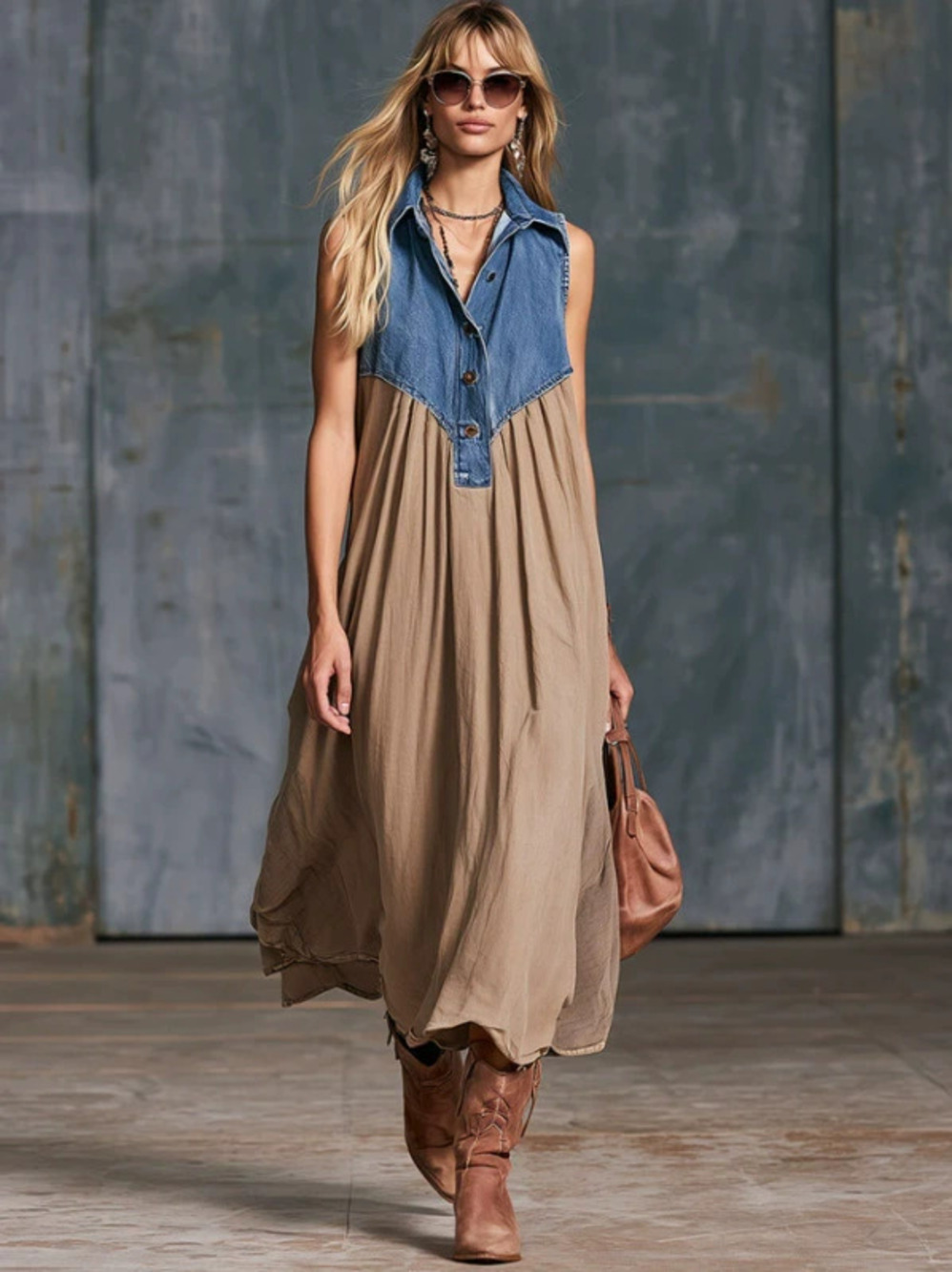 Elegant Urban Blue Denim Patchwork Khaki Long Skirt - Picture 2 of 5